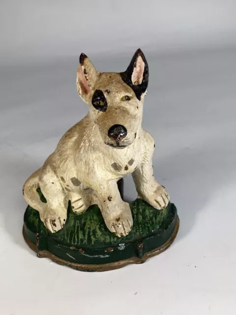 Vintage Bull Terrier Cast Iron Door-Stop 4 1/8”  Black & White, Green Base Nice!