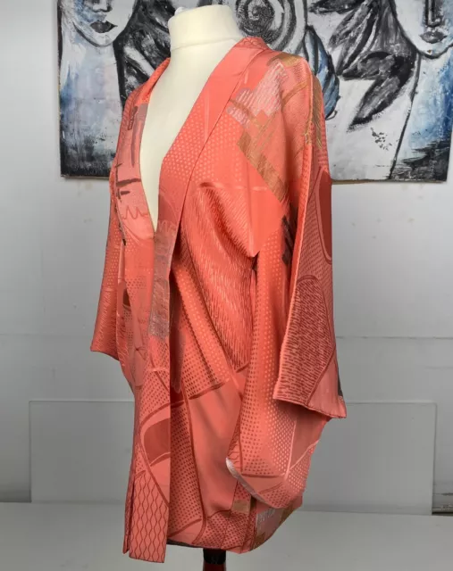 Japanischer Kimono Jacke HAORI Antik OMESHI Brokat 100% Lachs Farbe