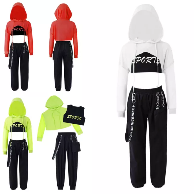 Mädchen Hip Hop Kleidung 3-teilig Kapuzenshirt Weste Hose Set Jazz Tanz Outfit