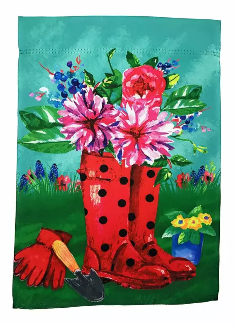 Red Rain Boots with Flowers Garden Flag, Double Sided, 12" x 18"