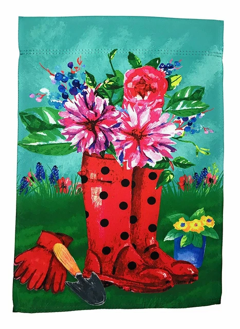 Red Rain Boots with Flowers Garden Flag, Double Sided, 12" x 18"