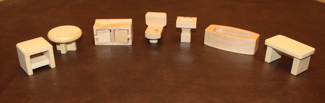 🪑7 Piece Dollhouse Wooden Furniture~Bathroom, Tables & Cabinet