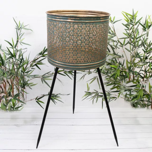 Large Gold Teal Metal House Plant Flower Pot Tall Black Leg Indoor Stand Planter