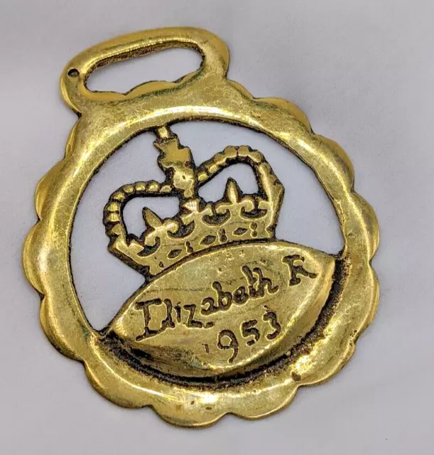 Brass Horse Medallion Vintage English Queen Elizabeth Crown 1953 Show Parade