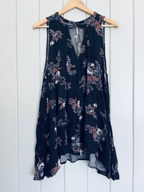 Free People Snap Out Of It Tunic Dress S Small Sleeveless Black Floral Swing