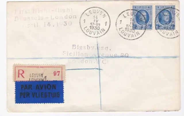 Ns6 Good 1930 Belgium To London England First Night Flight Registered Cover - Gb