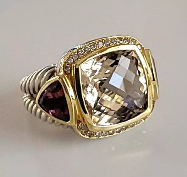 RARE David Yurman Silver & 18K Gold Pink Tourmaline & Smoky Quartz Albion Ring.