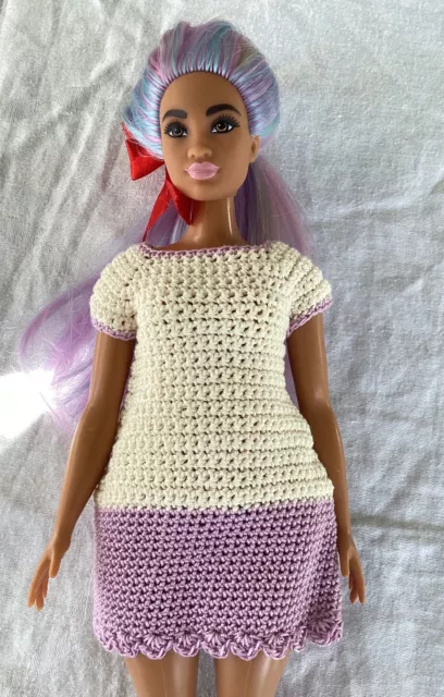 Curvy Barbie doll clothes Cream/Lilac Shift dress hand crochet UNIQUE