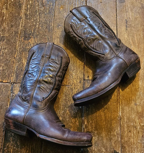 VINTAGE SANCHO STRONG Brown leather Cowboy Boots, UK s.9, Stitch/Plait