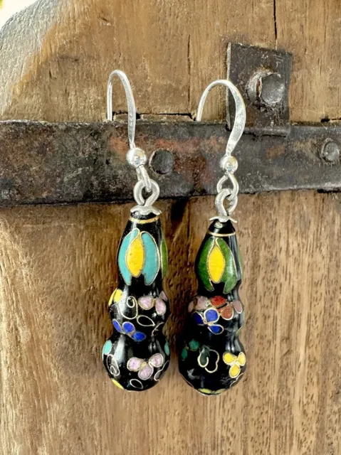 Vintage Chinese Cloisonné Gourd Bead Dangle Earrings Sterling Silver Signed