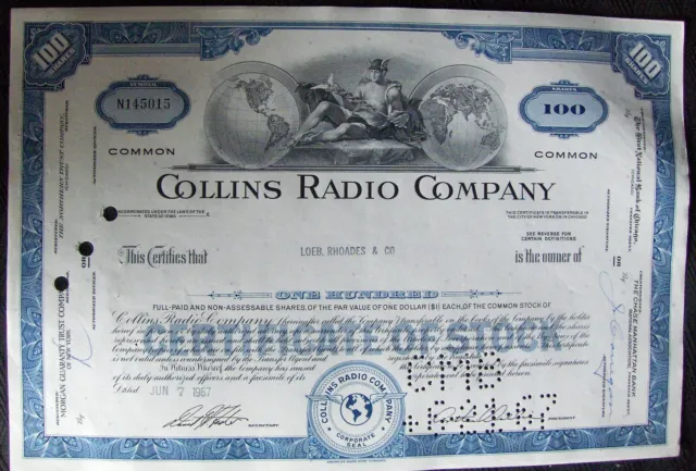 Stock certificate Collins Radio Comp. Payee: LOEB RHOADES & Co 1967