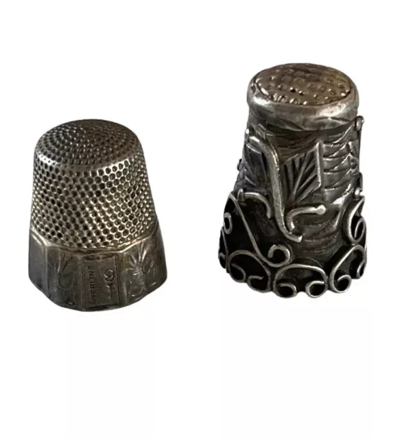 Two Sterling Silver Thimbles One Paneled Design And One Floral From Mexico READ