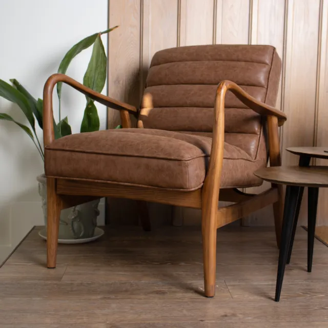 Tan Faux Leather Armchair Retro Style Armchair Mid-Century Modern Chair