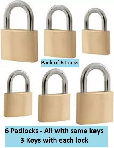 Padlocks x 6 - 40mm (1.5") All Locks Operate With Same Key Keyed Alike / To Pass