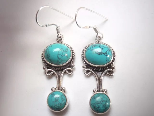 Simulated Turquoise Double-Gem 925 Sterling Silver Dangle Earrings Large