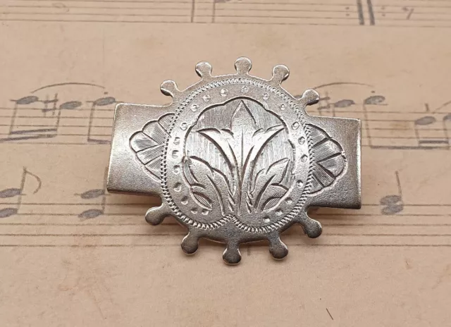 Antique Victorian Silver Plated Aesthetic Movement  Brooch with Etched Design