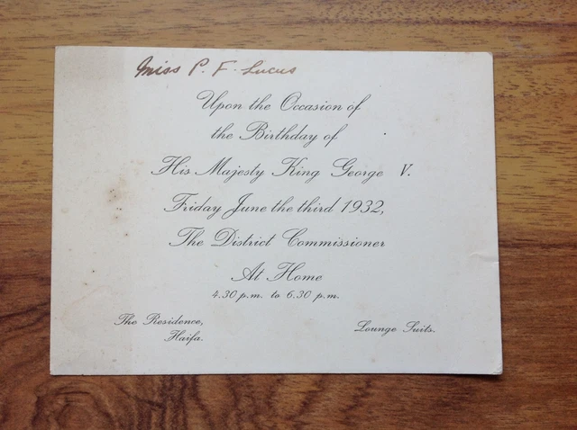 High Commissioner Of Palestine Invitation King George V . Free UK Postage