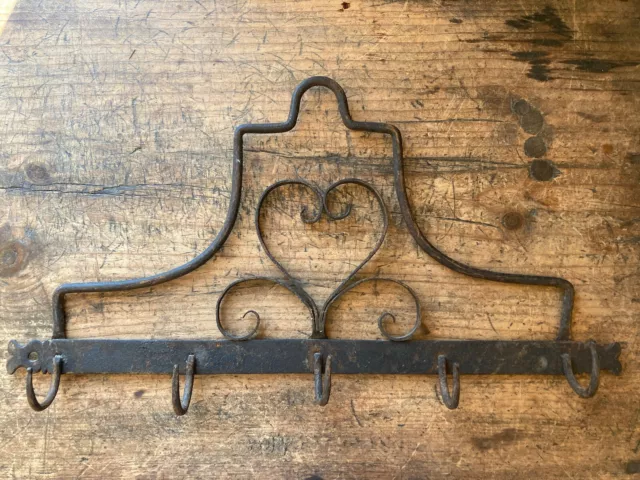 HEART! Antique 18th C Wrought Iron Utensil Rack Colonial American Fireplace 19”