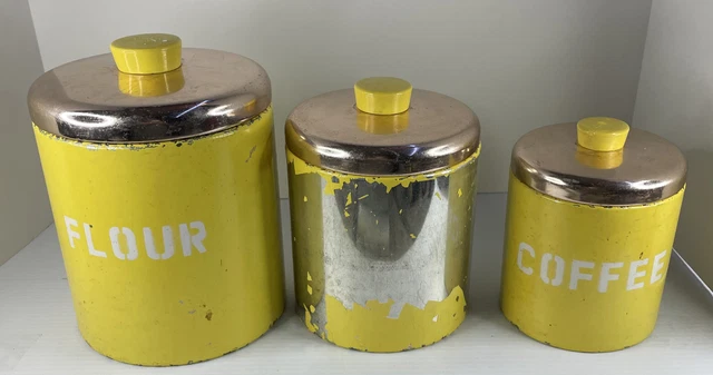 Vintage Ransburg 3PC Yellow Tin Canister Set: Flour + Sugar + Coffee 7" 8" & 9"