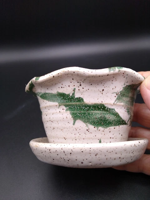 Art Pottery 4" Planter W/ Floral Frog Cottage Pottery ChardonOH Green Drip Glaze