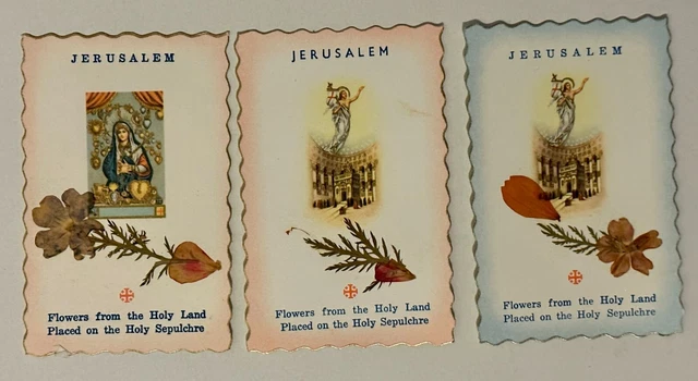 3 Prayer Holy card with flowers from the Holy Land Placed on the Holy Sepulchre