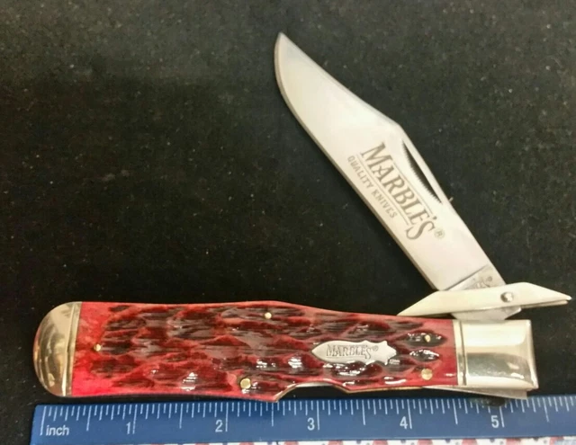 Marbles Swing guard lockback Coke Bottle knife, jig red bone handles =