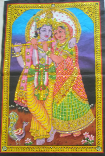 Hindu God Lord Krishna Radha Tapestry Ethnic Sequin Wall Hanging Indian Decor