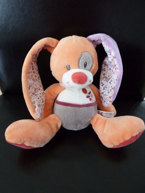 N4. DOUDOU PELUCHE TEX BABY LAPIN ORANGE MAUVE GRIS BLANC 22/37 cms - ETAT NEUF*