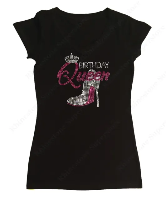 Women's Rhinestone T-Shirt  Pink Birthday Queen with Heel in Size - Sm to 3X