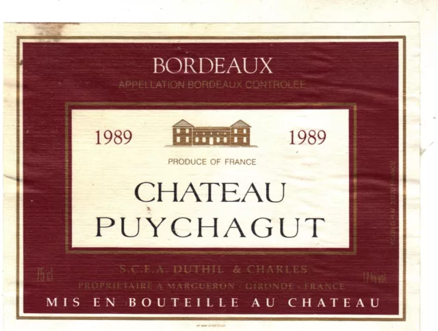 Etiquette de vin - Wine Label - Château Puychagut - Bordeaux 1989