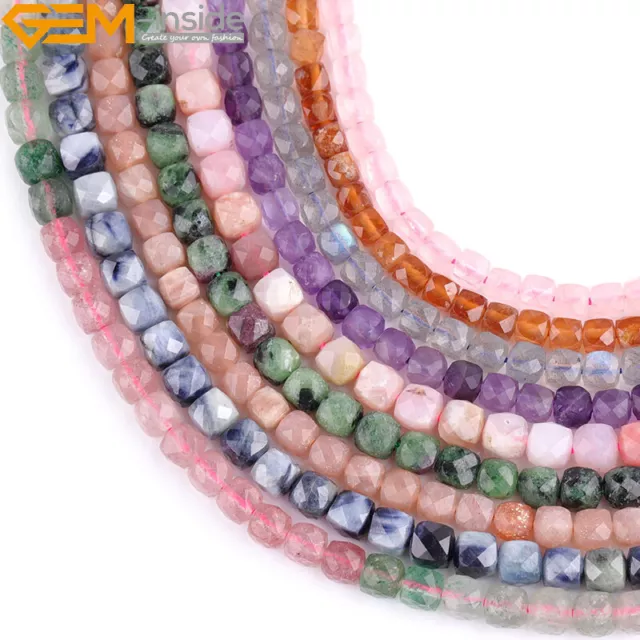 Natural Assorted Cube Gemstones Tiny Faceted Loose Beads Jewelry Making 15" 4mm