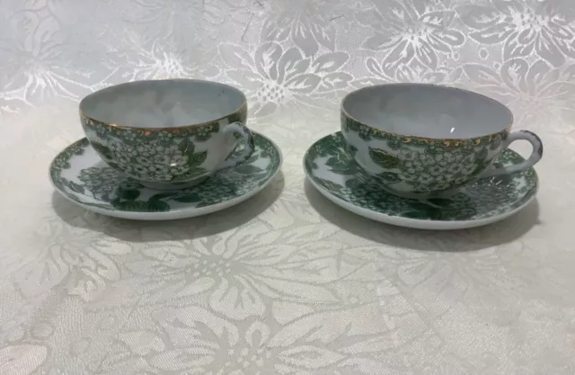 Two Vintage Japanese Eggshell Porcelain Green Floral Tea Cup And Saucers