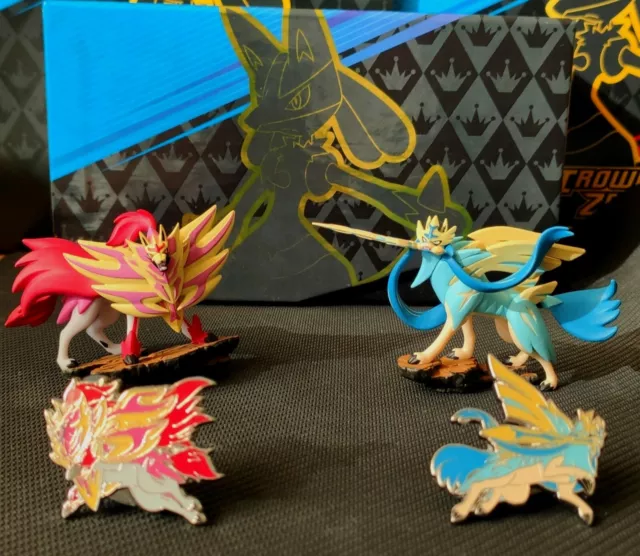 Pokémon Crown Zenith Shiny Zamazenta & Shiny Zacian Figures w/Pins