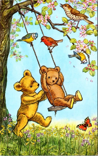 Molly Brett Postcard A Swing For Teddy Bears Birds Butterfly Flowers