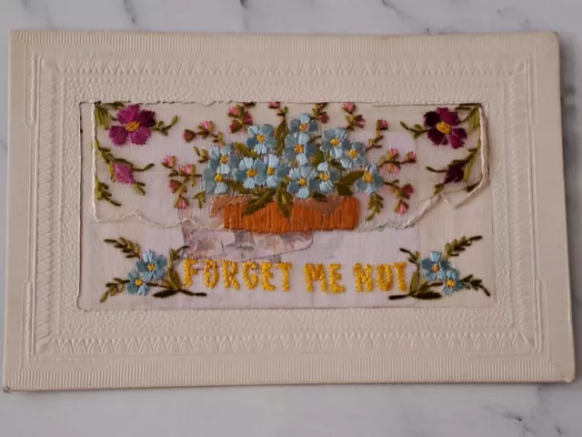 Antique WW1 embroidered silk postcard with Forget me not and Greeting card card