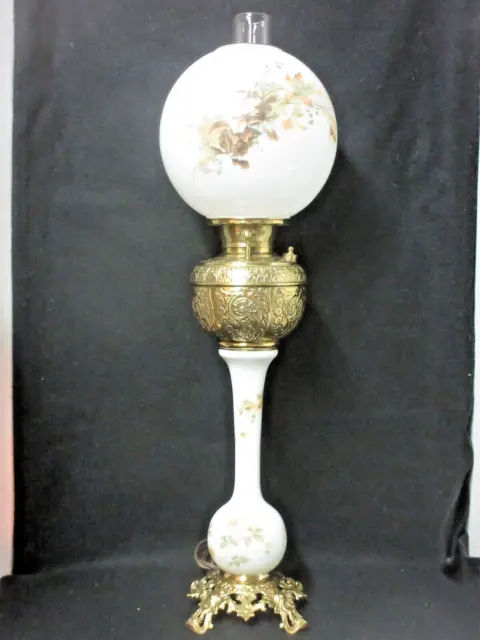 Antique Hp Banquet Oil Lamp Ball Shade Ornate Brass Base And Font Electrified