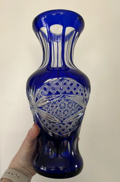 Gorgeous Bohemian Shapely Crystal Cobalt Blue Vase Cut to Clear 11.5” Tall
