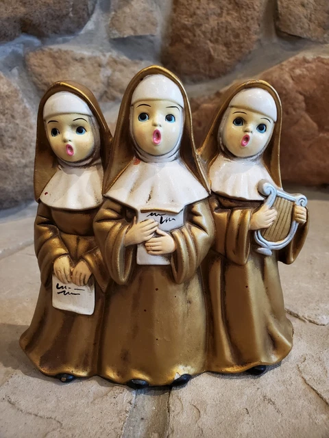 Vtg 3 Gold Nun Figurines Ceramic Bisque Wind Up Music Box Plays Dominique Japan