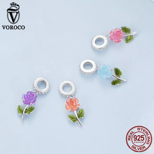 Women Fashion 925 Sterling Silver The Rose CZ Pendant Charm Fit Bracelets Voroco