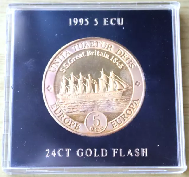 1995 5 ECU Coin w/ 24ct Gold Flash in Perspex Case - SS Great Britain Ship