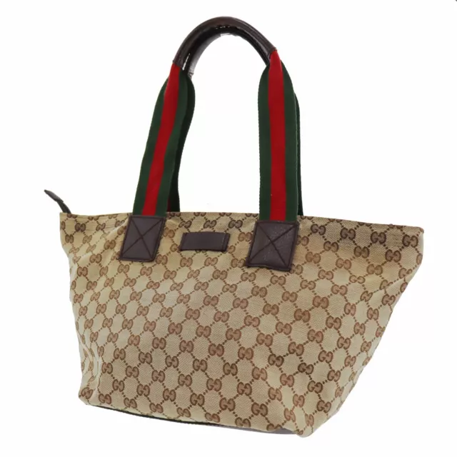 GUCCI Original GG Web Stripe Used Tote Handbag Brown Canvas Italy #BT459 Y