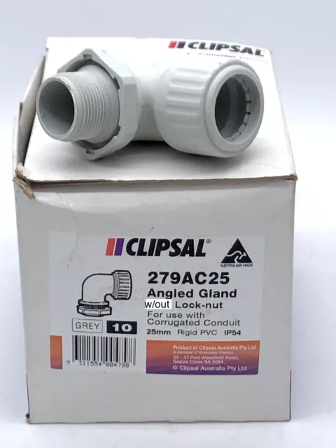 Clipsal 279AC25 Angle Gland Excluding Lock Nut 25mm Grey  x10 pcs​