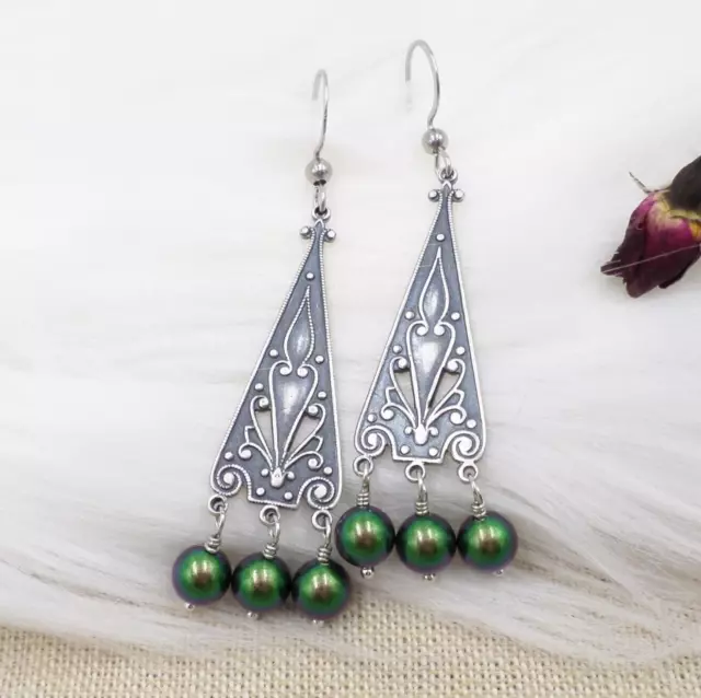 Green Imitation pearl Chandelier Earrings, Silver Plated Art Deco Style Jewelry