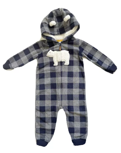 Carters 18M Baby Boy Jumpsuit Plaid Hooded Insulated Zip Bear Blue Fleece Ears