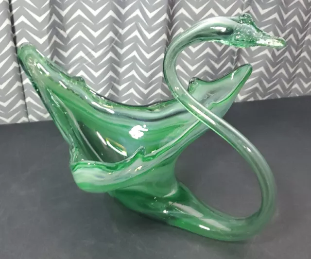 Vintage Art Glass Swan Bowl Hand Blown Mint Green 13-1/2" Dish Mid Century Mod