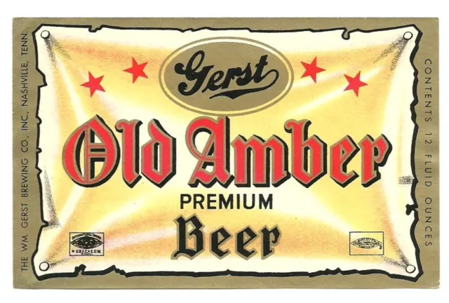 Old Amber Beer Label, non IRTP, Wm Gerst Brewing, Nashville, TN 12 oz