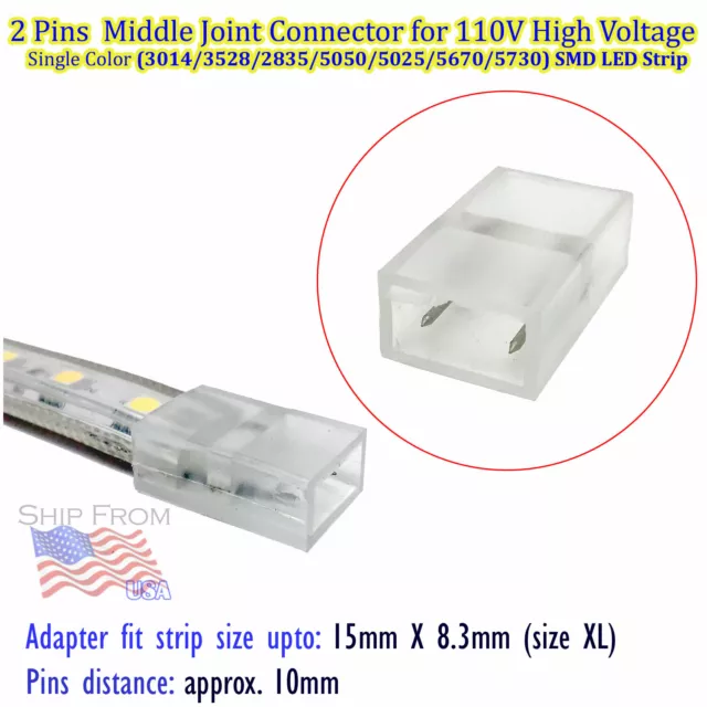 2 Pin Middle Joint Connector 110V High Voltage 2538/3014/5050 SMD LED Strip 10mm
