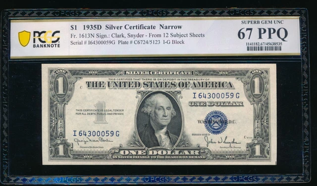 AC 1935D $1 Narrow Silver Certificate PCGS 67 PPQ I-G block  Fr 1613N
