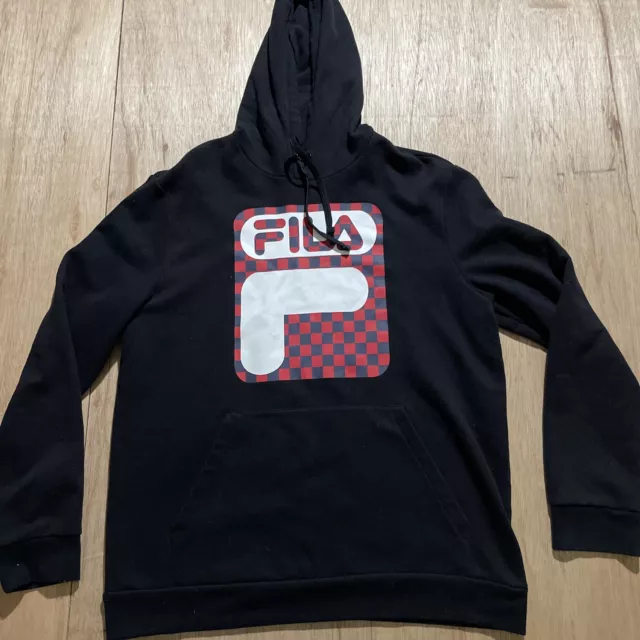 FILA Men's Sweatshirt Pullover Hoodie Large Front Logo Cotton Blend Black Red