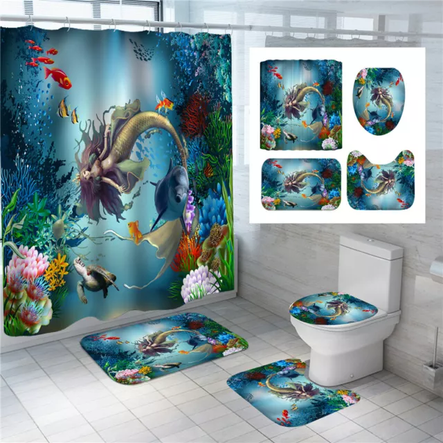 Dolphin Mermaid Waterproof Shower Curtain Bathroom Bath Mat Toilet Cover Pad Set